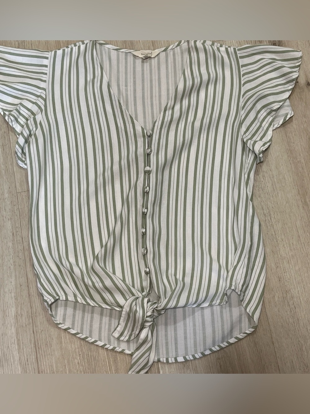Button-Front Tie Hem Striped Blouse - Green & White 100%Rayon